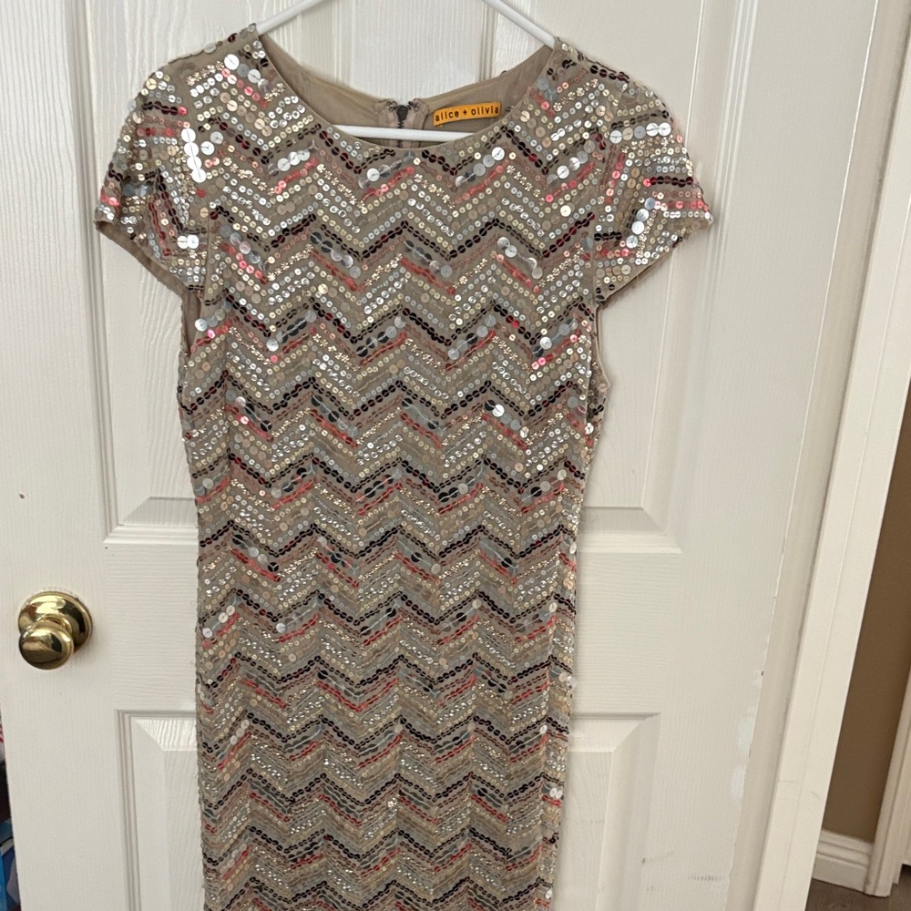 Alice + Olivia Sequin Chevron Mini Dress - Silver and Gold